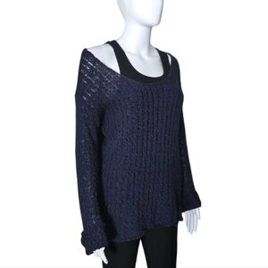 M by MICHAEL STARS Open Slub Knit Deep Scoop Neckline Navy Blue Cotton Sweater 2